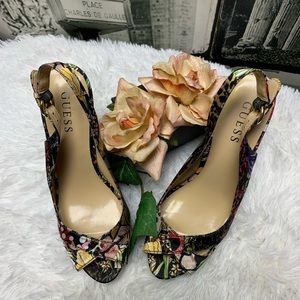 Guess floral stiletto heels sling back EUC